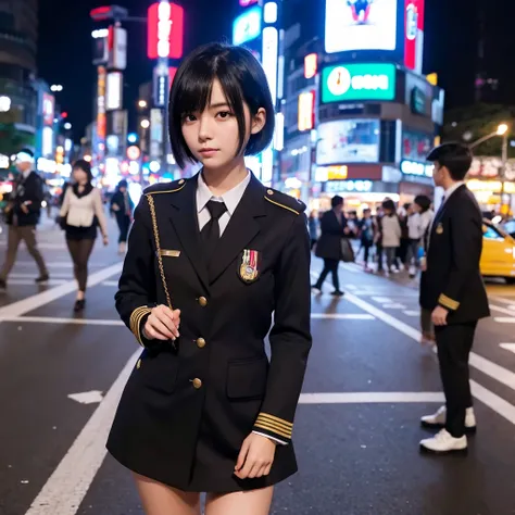 Beautiful girl with black hair short cut standing in uniform at night in Shibuya