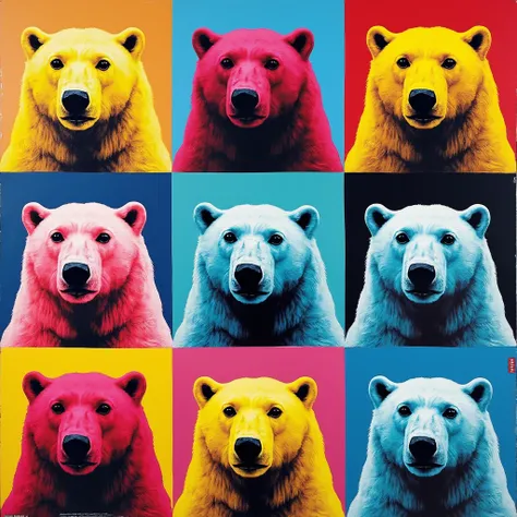 - プロンプト: "A vibrant pop art piece inspired by Andy Warhol, featuring the same polar bear repeated in colorful panels. The design should emphasize strong contrasts and bold colors, creating an eye-catching, artistic atmosphere."

- ネガティブプロンプト: "No realistic...