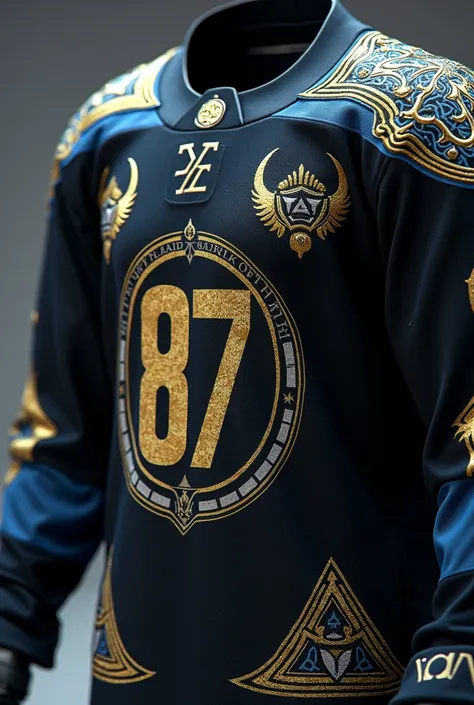  Design me a black Viking themed hockey t-shirt and details in gold and light blue, with dark round neck ,  and with water marks from Thors hammer ,  jersey number 87 to be a template to print it  