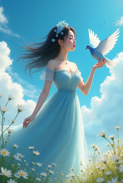 Make the girl have oriental features and her body is slightly full. Her eyes are black and the blue sky loves her and a blue dove flies from her in a more imaginative way