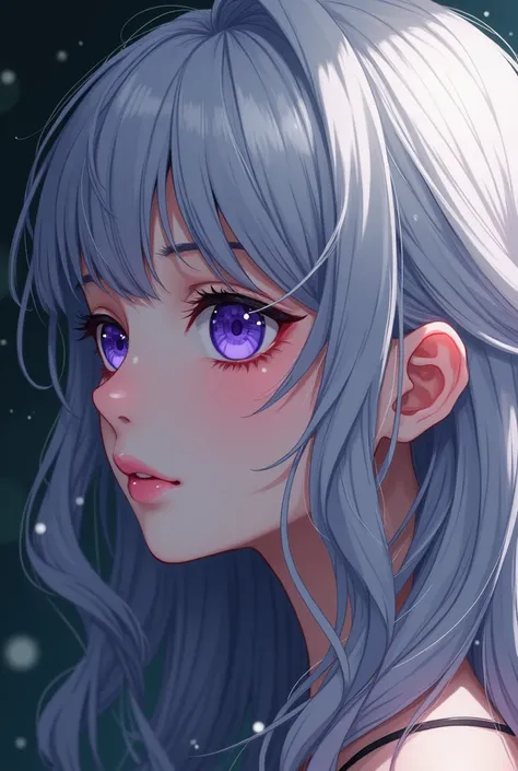 18-year-old girl with wavy silver gray hair with fringe and violet eyes looking to the right in profile, Manhwa style