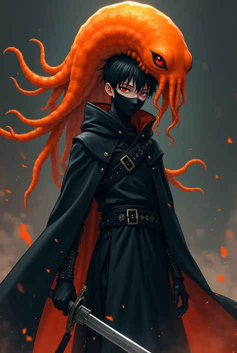  All-black boy with black mask in black clothes and with an orange squid 
In the Head and With a Sword in the Hand Anime