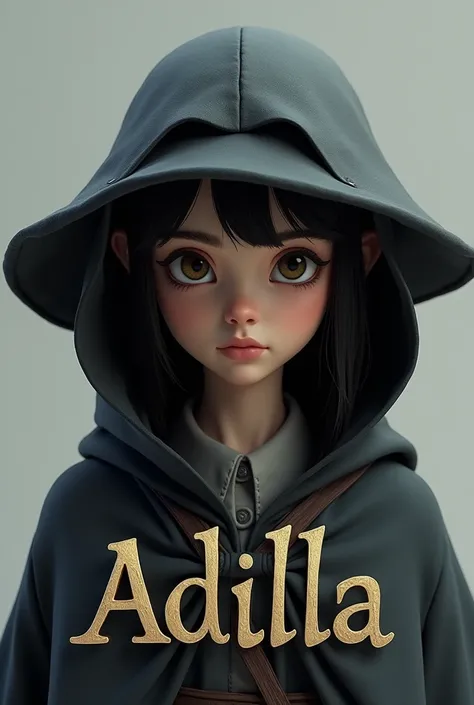  A picture of a girl in a hood and a hat in 3D, and it says the name adilla 