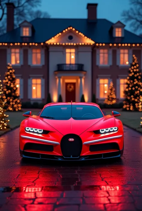 Create a Neon red Bugatti Divo with a white ribbon in front of a luxurious house at night,  with Christmas decoration  