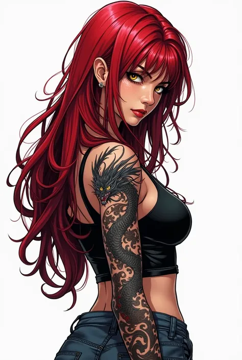 DC , of a full-bodied Japanese woman dressed very urban with accessories and sneakers.  has long hair dyed cherry red , , golden eyes and a black dragon tattoo on her shoulder .  comic panel style lights and dark shadows with red . very slanted eyes. white...