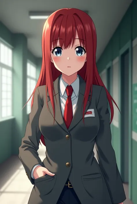  screenshot of My Hero Academia,  beautiful women, Straight red wine hair with horizontal bangs , Chinese Eyes ,  gray eyes ,  The expression of 、 of a beautiful doctor with slightly red hair similar to Sam Heughan , uniform gray coat red tie , walking  , ...