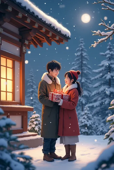 Japanese couples are exchanging Christmas image gifts on a snowy night