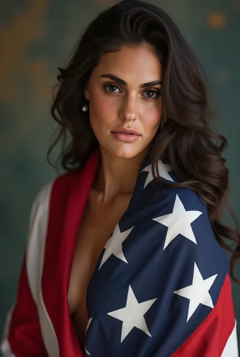 Masterpiece, a beautiful woman, wrapped in the American flag, (Patriotic display:1.2), poised, confident, high detail face, intricately textured skin, expressive eyes, captivating smile, UHD, 8K wallpaper, High resolution, photo-realistic, cinematic lighti...