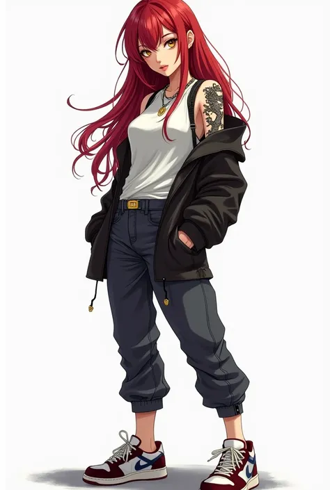 DC , of a full-bodied Japanese woman dressed very urban with accessories and sneakers.  has long hair dyed cherry red , , golden eyes and a black dragon tattoo on her shoulder . lights and shadows. very slanted eyes. white background.  More realistic. more...