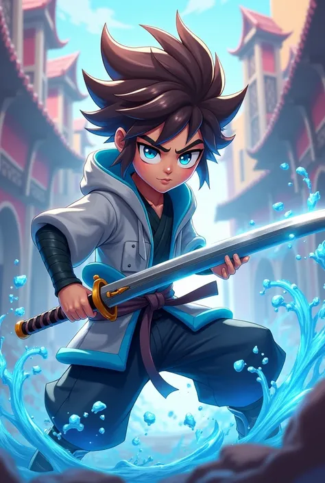  Make a teenager with spiky brown hair and gradient with blue eyes, A katana and water power with samurai clothing in the Brawl Stars theme make it more lively 