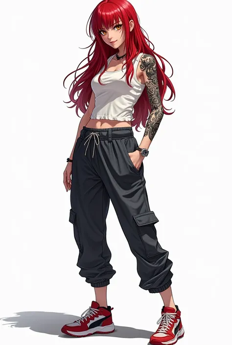 DC , of a full-bodied Japanese woman dressed very urban with accessories and sneakers.  has long hair dyed cherry red , , golden eyes and a black dragon tattoo on her shoulder . lights and shadows. very slanted eyes. white background.  More realistic. more...