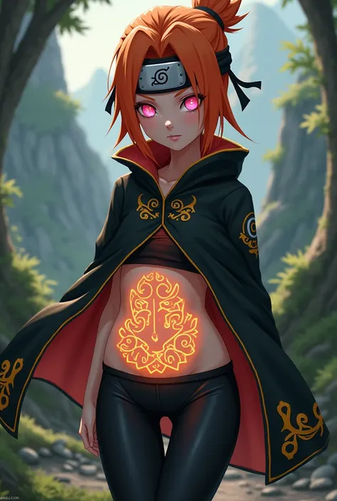 Naruto world,Petite woman, Orange hair , pink eyes,Glowing Belly tattoos, Black cloak with Yellow lines ,black Shirt, leggings, Hitai-ate,