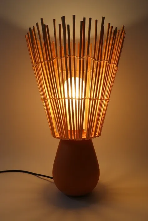  Create an image of a lamp with warm light where it must have the following characteristics .  The lamp must have 1 ,20 meters high and 25 cm in diameter and must be made of several bamboo sticks, remember to create with just one lamp and leave the bamboo ...