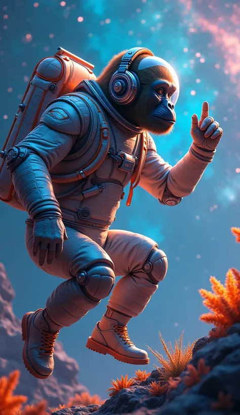 A futuristic astronaut gorilla with a headset listening music floating in zero gravity, exploring the space with surreal landscapes, surrounded by glowing crystals and exotic vegetation. The gorilla wears a detailed futuristic spacesuit with metallic and n...