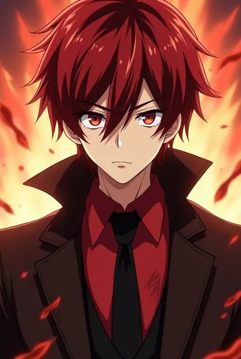  Shonen anime image of a Japanese man with short dark red hair and fiery orange eyes.  He wears a dark brown coat and a red collared shirt with a black tie . He is a villain of pure evil .   He has demon powers. His hair is combed  