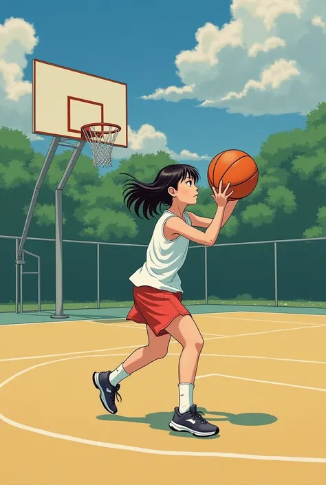 there is a young girl playing a game of basketball on the court, mao hamaguchi, by Hiroshi Honda, shiori teshirogi, chiho ashima, by Kiyohara Tama, by Maeda Masao, chiho, by Kiyoshi Yamashita, by Hiroyuki Tajima, by Tadashi Nakayama, akiko takase