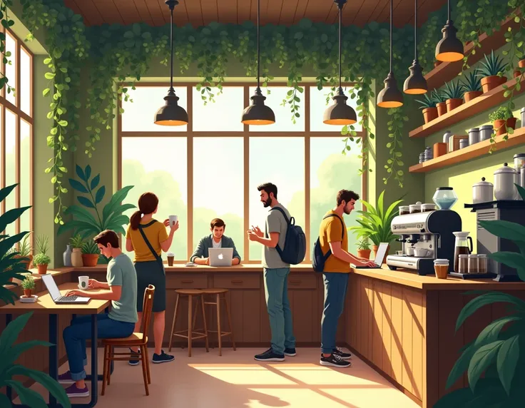 A cozy café filled with lush green plants hanging from the ceiling and placed on shelves and tables, warm sunlight streaming through large windows, wooden furniture including tables, chairs, and a counter, and a coffee machine on the counter. The atmospher...