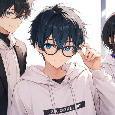 Alone，Short Hair，Hair color is black,male, blue eyes，smile， white hoodie , Black-rimmed Glasses 