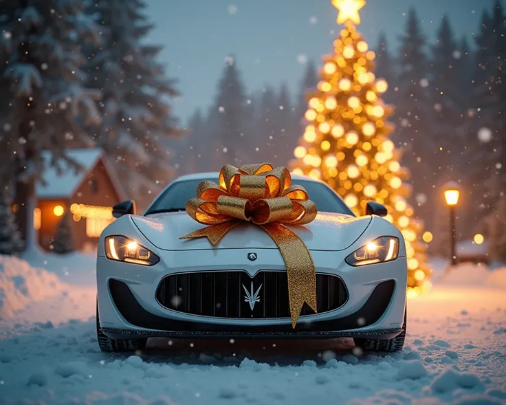 A hyper-realistic, cinematic holiday scene featuring the provided white car as the central subject, now transformed into a festive Christmas gift. The car is wrapped with a luxurious, shimmering golden ribbon that forms a giant, elegant bow resting promine...