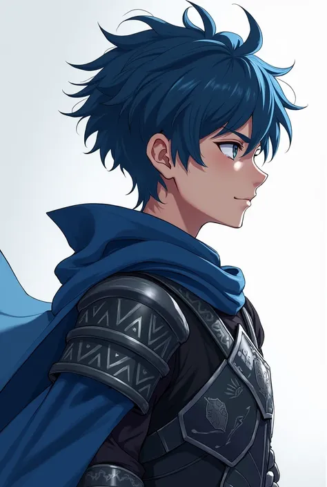  old boy,  short blue-black hair , Silver eyes,  slim build , kind and courageous look ,  dressed in black and blue armor,  pale skin , Looking to the right in profile, Manhwa