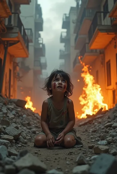 A wounded little  crying kneeling praying ,  In the middle of the rubble of a street destroyed by the bombings of the Iraq war where everything is on fire