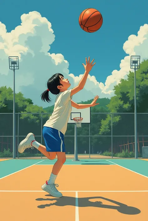 there is a young girl playing a game of basketball on the court, a picture by Hiroshi Honda, dribble, shin hanga, mao hamaguchi,  Shiori Teshirogi, Chiho ashima, Chiho, Akiko Takase, e kawahara, upward shot, Yoshitomo Nara