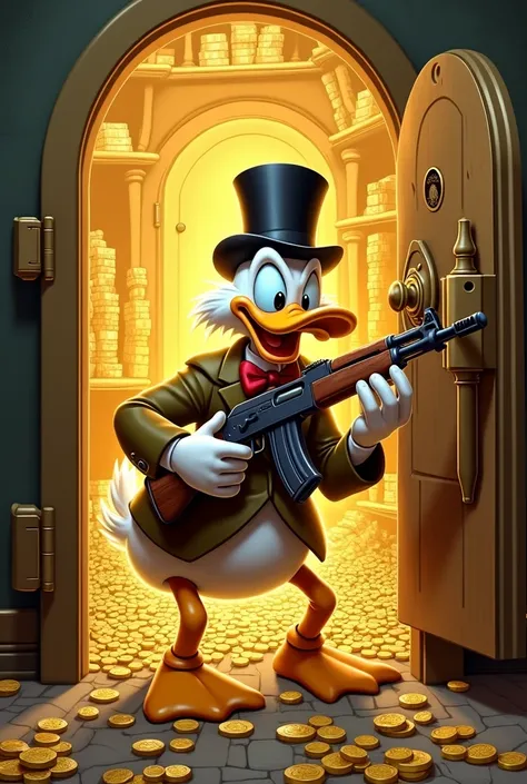 Make a 2D concept art of Scrooges Uncle Scrooge inside the gold-filled safe holding an AK47