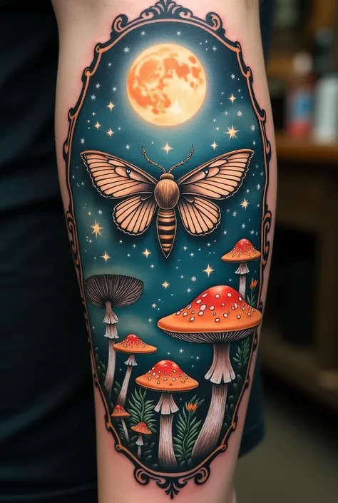 Create a realistic tattoo ,  of a moth with mushrooms,  full moon and mystical things . starry background 