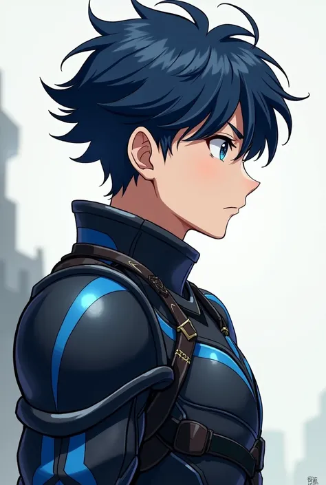  old boy,  short blue-black hair , Silver eyes,  slim build , kind and courageous look ,  dressed in black and blue armor,  pale skin , Looking to the right in profile, Manhwa