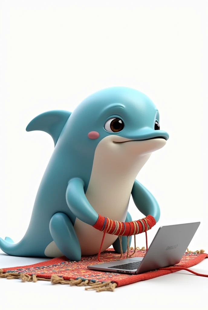 A friendly dolphin with big eyes weaving a rug with a laptop in his hand
With a completely white background and no shadows