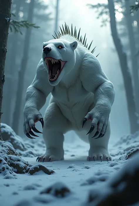 "Create a highly detailed 4K image of a muscular, monstrous hybrid creature, a unique fusion between a polar bear and a velociraptor, emerging from a dark, icy forest environment. The creature features the robust, furry body of a polar bear, with sharp cla...