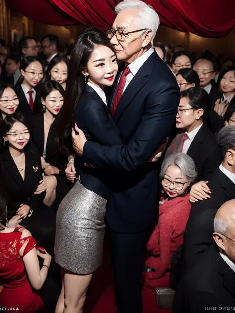 beautiful woman wearing a revealing skirt suit, her elderly husband hugged and kissed her from behind in the crowded crowd, UHD, masterpiece, textured skin, super detail, best quality, 8k.