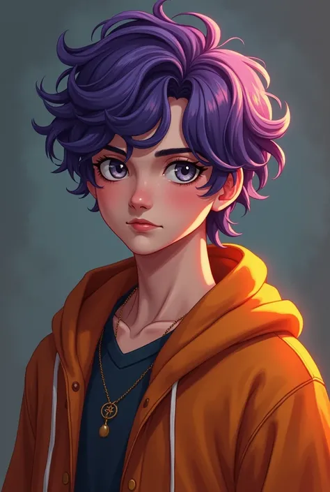  Make a male role-playing character son of Hecate with purple hair curled with short
Bicolor eyes, with one color on each side ,  and unusual colors such as purple , gray, yellow, orange, vermelho e dourado
Com uma coroa dourada de louro na cabeça 
Um casa...