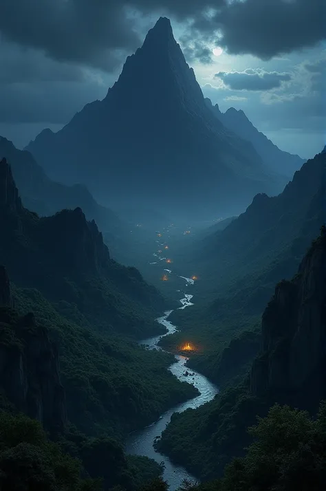 A wild island with mountains and jungle at night,  top view 