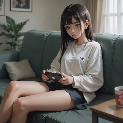 japanese girl , watching TV, sitting in a sofa 