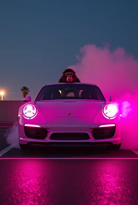  A phosphorescent fuchsia Porsche ,  that below it says speed 97 , Let there be smoke in the back ,  that above says Los Angeles California, That there is a person with the face of a monkey sitting in the front of the Porsche.