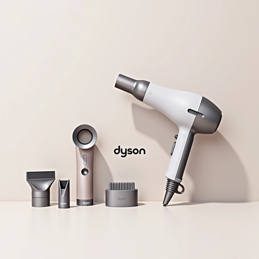 an image with a Dyson ,  hair dryer with its attachments and the  "Beauty and Health Equipment",  lettering in a minimalist and modern style