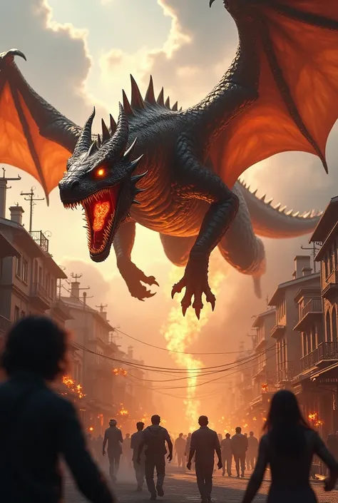 image of fierce dragon flying over a community with fire