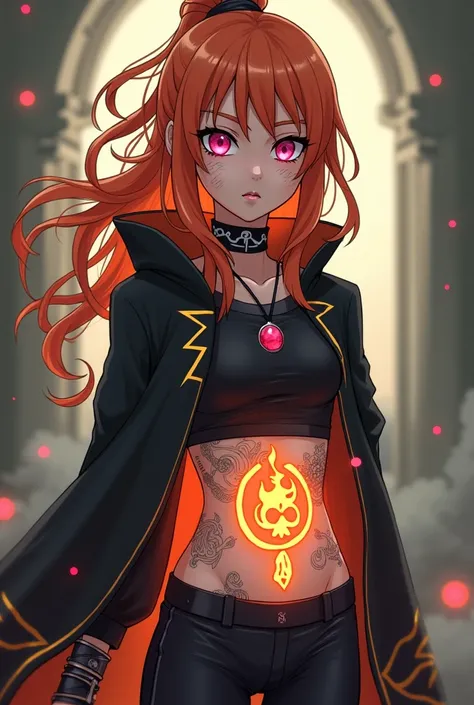 Naruto world,Petite woman, Orange hair , pink eyes,Glowing Belly tattoos, Black cloak with Yellow lines ,black Shirt, leggings, Hitai-ate, Choker with a ruby, Face Paint