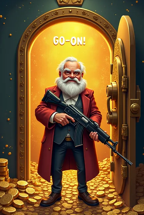  make a 2D concept art of Scrooges uncle inside the gold-filled safe holding an AK47 written GO ON on top, In general its all as if it were a logo for a server profile on Discord 