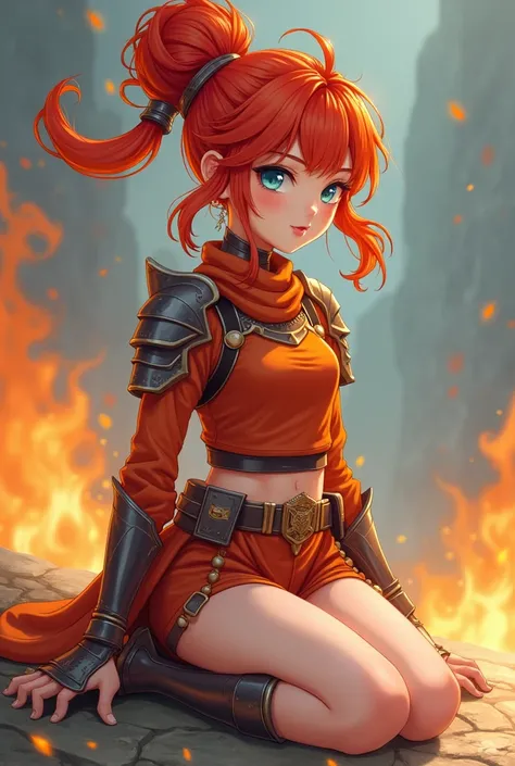  18 year old girl ,  hair tied in a messy bun and of a red color mixed with orange, blue-green eyes, flirty and proud look ,  dressed in armor and shorts in reddish and orange colors , pale skin , Kneeling on a stone with orange flames around ,  Manhwa sty...