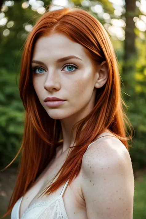 redhead woman with sardento hair and green eyes posing for a picture,  sexy with green eyes, light cute freckles, cute freckles, sardento pale skin,  with red hair and green eyes , red hair and freckles, sardento, with freckles, ginger hair with freckles, ...