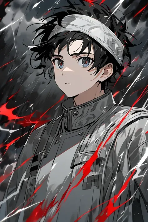 An 18 year old boy with messy black hair and a white headband. His eyes are silver, reflecting confidence and calm. He wears a gray uniform with red details and is standing still, holding the ball with a focused gaze while lightning flashes in the sky in t...