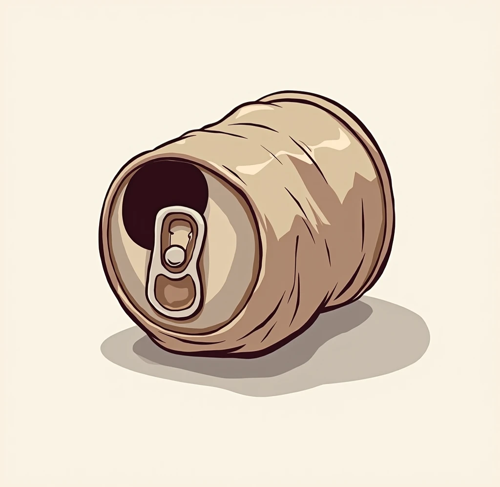 A crumpled, gray aluminum can, depicted in a stylized, cartoon drawing. The can is angled, with the top portion slightly visible and the bottom half showing significant wrinkles and crinkles.  The drawing style uses lines and shading to convey the texture ...