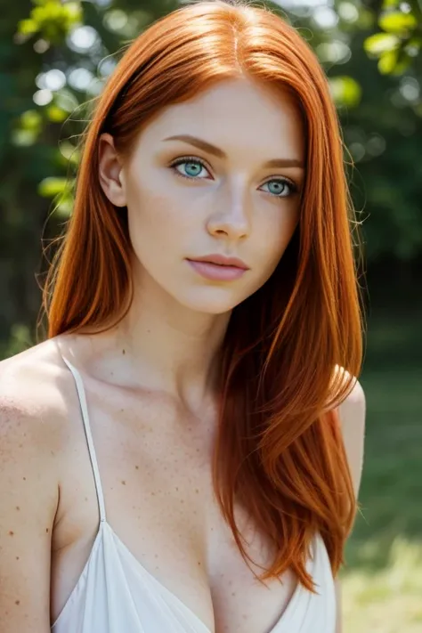 redhead woman with sardento hair and green eyes posing for a picture,  sexy with green eyes, light cute freckles, cute freckles, sardento pale skin,  with red hair and green eyes , red hair and freckles, sardento, with freckles, ginger hair with freckles, ...