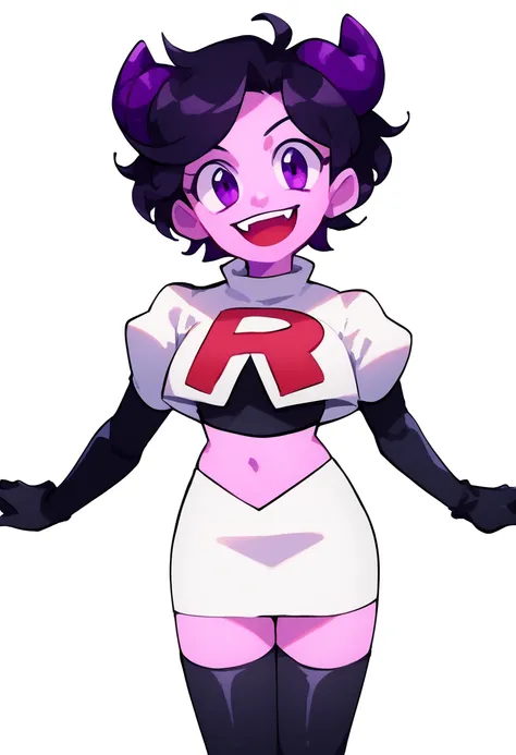 jellybean_yt, solo, looking at viewer, smile, short hair, open mouth, black hair, 1girl, white background, purple eyes, female focus, horns, teeth, colored skin, fangs, team rocket,team rocket uniform,white skirt,red letter R,crop top,black thigh-highs,bla...