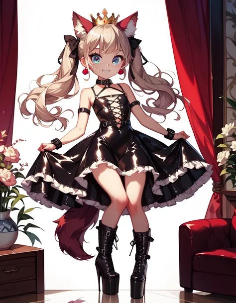   high image quality、  High Quality  、 petite girl、  big eyes、smile、pure、 crown、 wolf ear、 wolf tail 、 blondes、 Platform Boots、 princess、  leather bondage dress