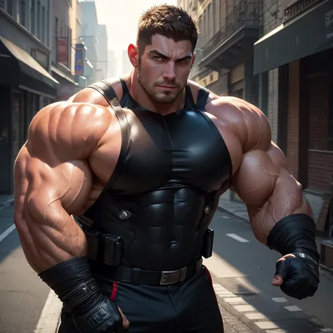 Muscle type，police officer,   Outdoor Cyber Style Street ,   topless，The expression is very arrogant , Lift your chin,   Messy Hair  , Thick thighs, Brown Superhero Bod Vest Very Tight , Regular symmetrical pattern, High Aimslight muscles, 警服裤,   character...