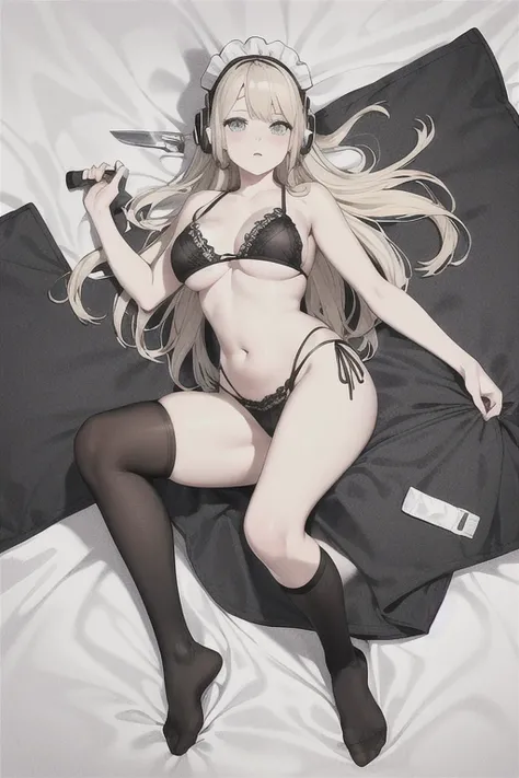 Move 、 Im wearing a hat and knife  .,  Im wearing headphones , (masterpiece,  best quality)  Detailed  , Silver accessory  , Blonde ,,  LAM, pointy ears  ，  ，  Wear a white shirt  ,belly button exposure, Full body , Deep V swimsuit panties  ,   black socks...