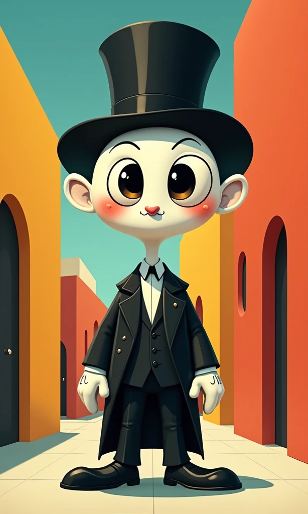 Cartoon character from the 50s,  white skin , Pacman eyes ,  wear a suit and top hat , Wear gloves , high.